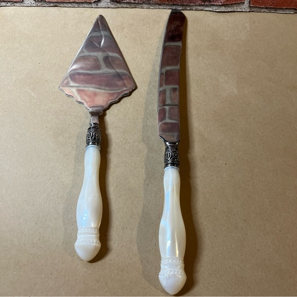 Cake Serving Set, Stainless, Pearl Look Handle. Set Of Server And Knife, SLAH - Picture 1 of 8